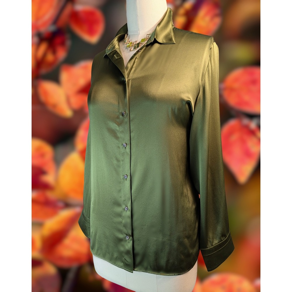 Banana Republic XL Womens Warm Olive Green 100% Silk Satin Blouse NWT